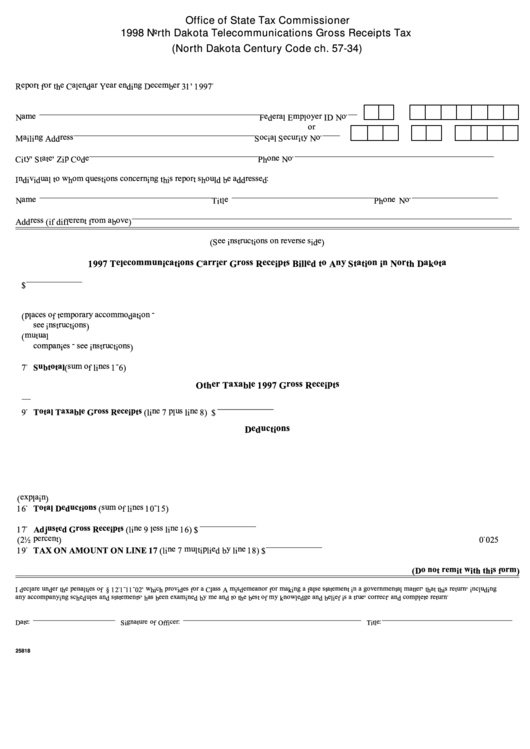 Fillable Form 25818 - North Dakota Telecommunications Gross Receipts Tax - 1998 Printable pdf