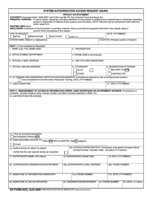 Fillable Dd Form 2875 - System Authorization Access Request (Saar) Printable pdf