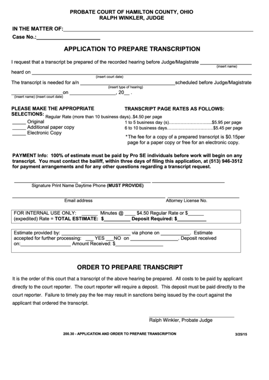 Fillable H.c. Form 200.30 - Application To Prepare Transcription - Probate Court Of Hamilton County, Ohio Printable pdf