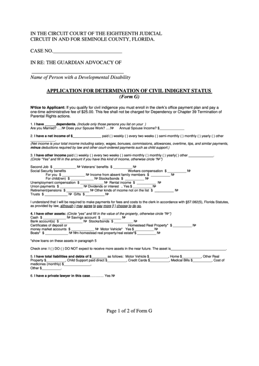 Form G - Application For Determination Of Civil Indigent Status - Seminole County, Florida Printable pdf