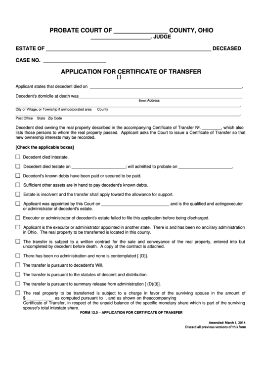 Fillable Form 12.0 - Application For Certificate Of Transfer Printable pdf