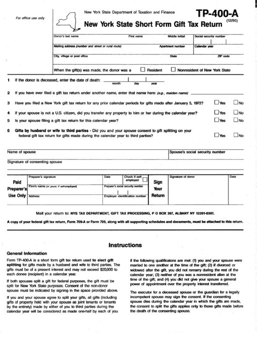 Fillable Form Tp-400-A - New York State Short Form Gift Tax Return Printable pdf
