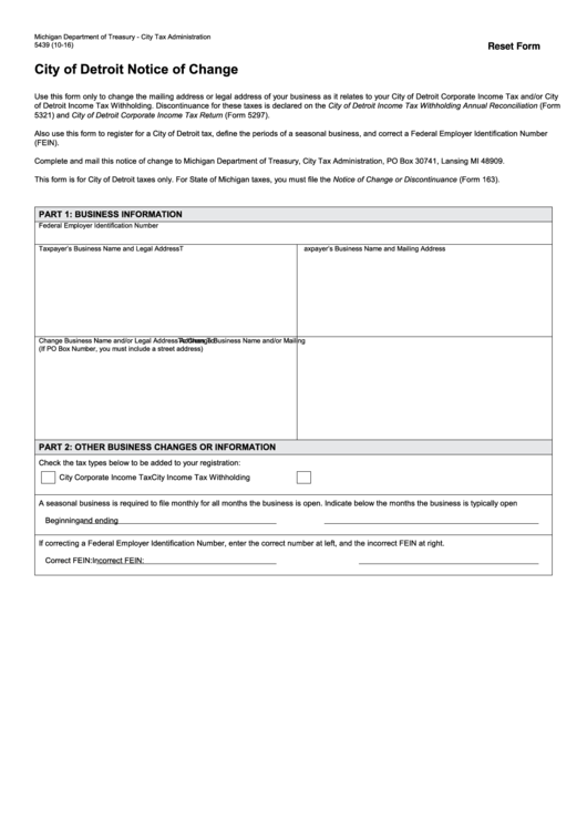 Fillable Form 5439 - City Of Detroit Notice Of Change - 2016 Printable pdf