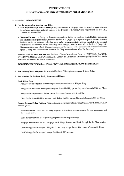 Instructions Business Change And Amendment Form (Reg-C-L) Printable pdf