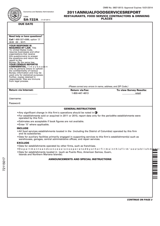 Form Sa-722a - Annual Food Services Report - U.s. Department Of Commerce - 2011 Printable pdf