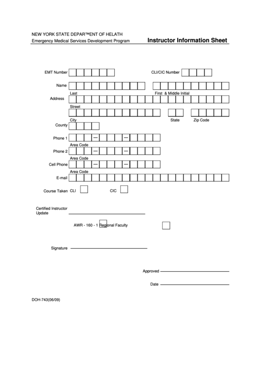 Form Doh-743 - Instructor Information Sheet - New York State Department Of Health Printable pdf