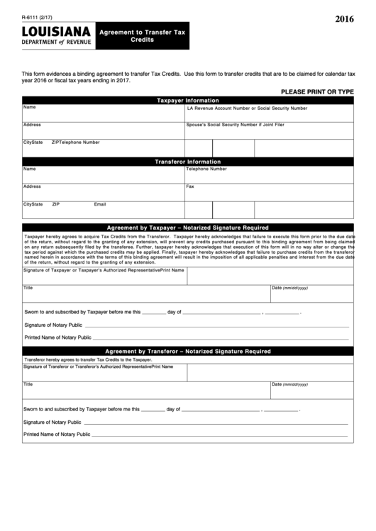 Form R-6111 - Agreement To Transfer Tax Credits - 2016