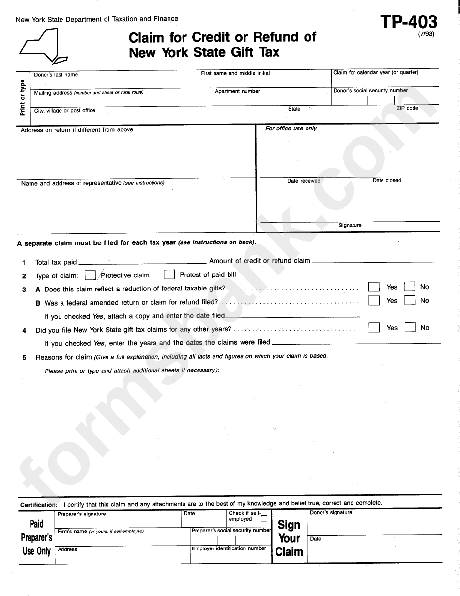 Form Tp-403 - Claim For Credit Or Refund Of New York State Gift Tax
