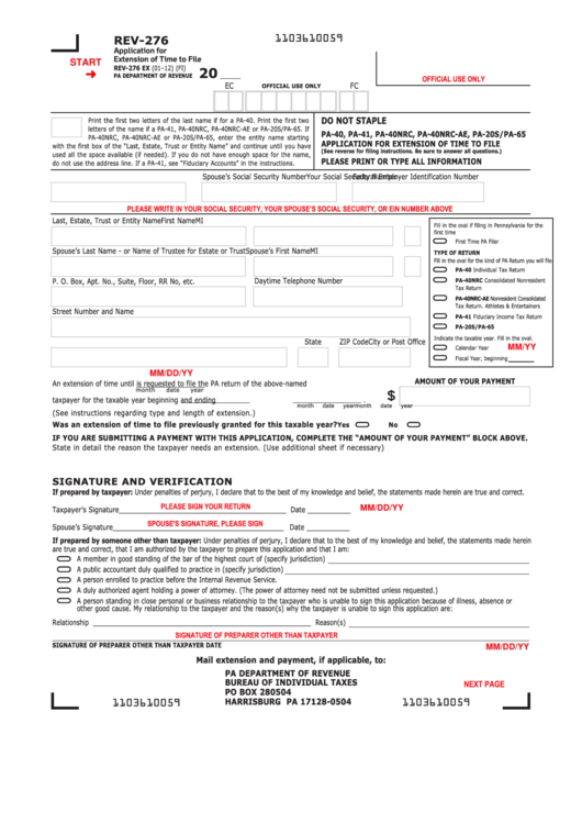Fillable Form Rev-276 - Application For Extension Of Time To File - 2012 Printable pdf