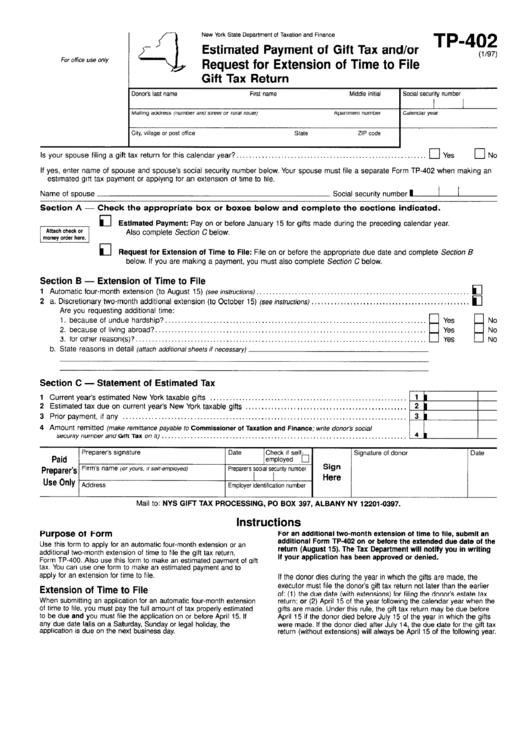 Fillable Forn Tp-402 - Estimated Payment Of Gift Tax And/or Request For Extension Of Time To File Gift Tax Return Printable pdf