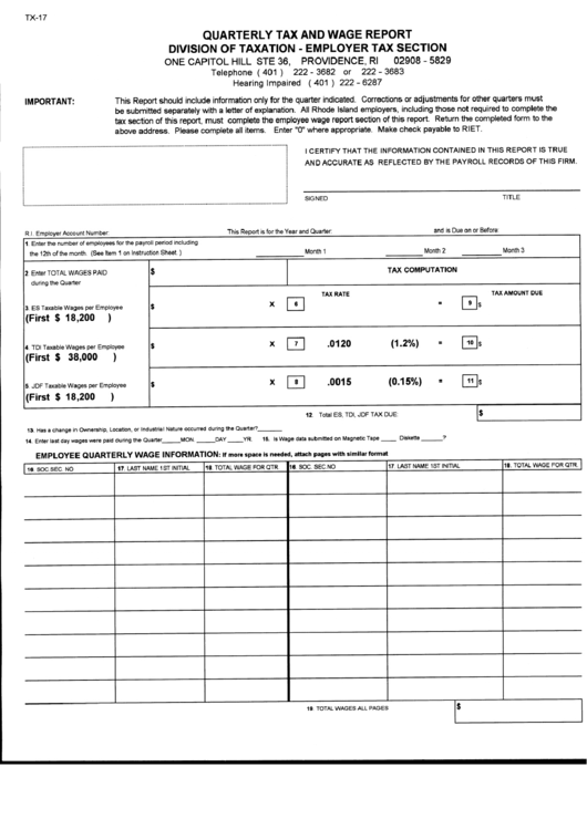 Fillable Form Tx-17 - Quarterly Tax And Wage Report Printable pdf
