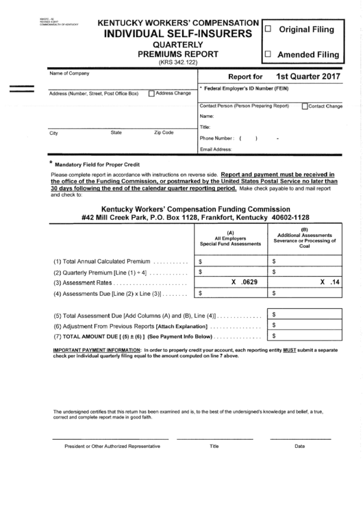 Form Kwcfc- 02 - Individual Self-Insurers Quarterly Premiums Report Printable pdf