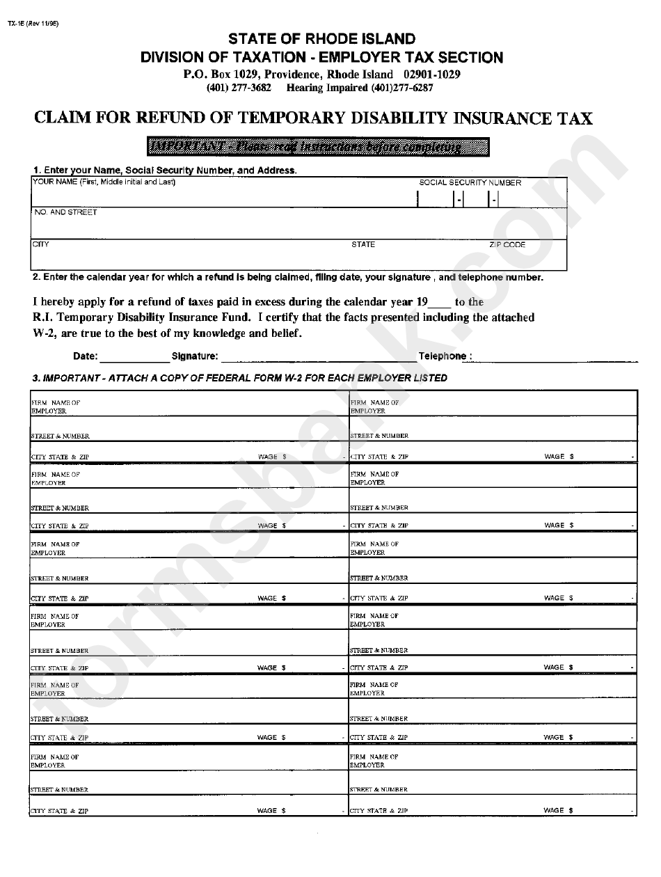 Form Tx-16 - Claim For Refund Of Temporary Disability Insurance Tax