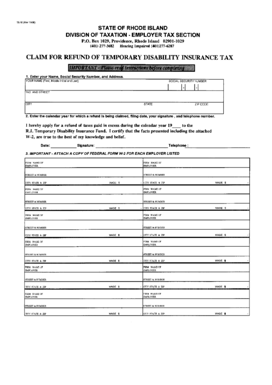 Fillable Form Tx-16 - Claim For Refund Of Temporary Disability Insurance Tax Printable pdf