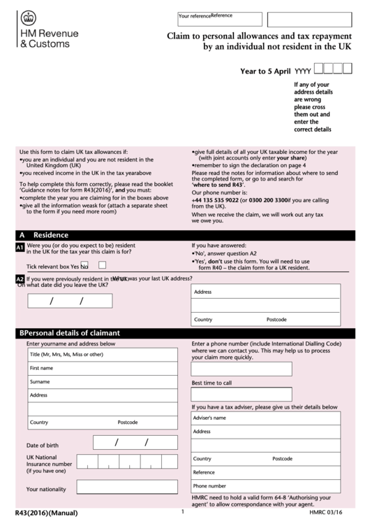 Form R43 - Claim To Personal Allowances And Tax Repayment By An Individual Not Resident In The Uk Printable pdf