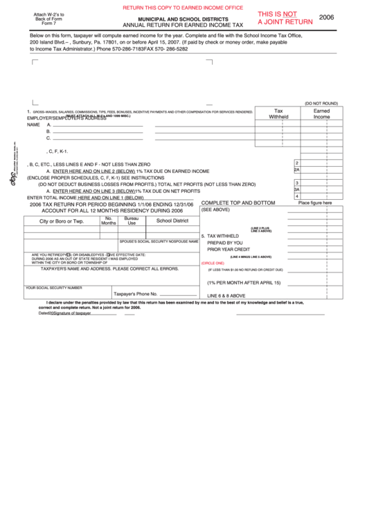 Municipal And School Districts Annual Return For Earned Income Tax - Pennsylvania Department Of Revenue - 2006 Printable pdf