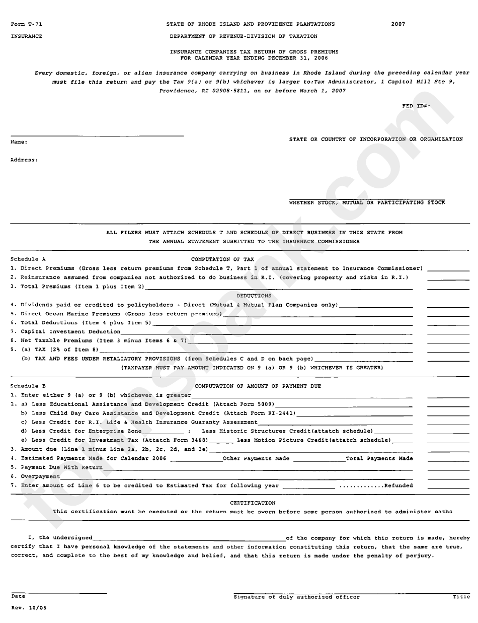 Form T-71 - Insurance Companies Tax Return Of Gross Premiums For Calendar Year Ending December 31, 2006 - Rhode Island And Providence Plantations Department Of Revenue