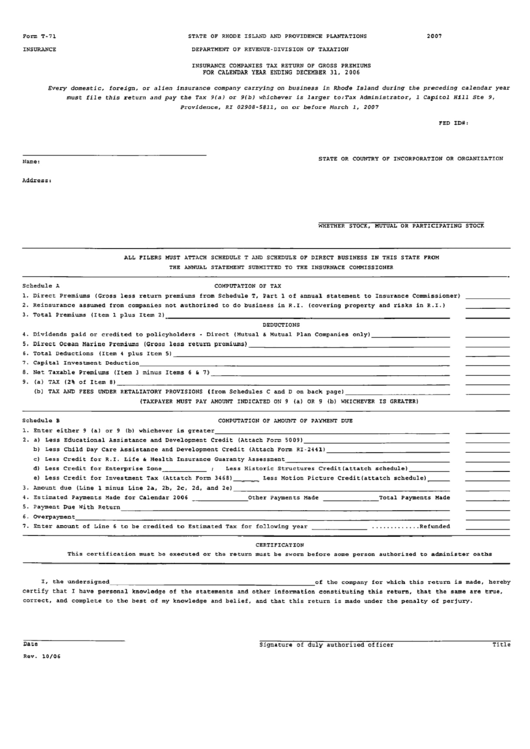 Form T-71 - Insurance Companies Tax Return Of Gross Premiums For Calendar Year Ending December 31, 2006 - Rhode Island And Providence Plantations Department Of Revenue Printable pdf