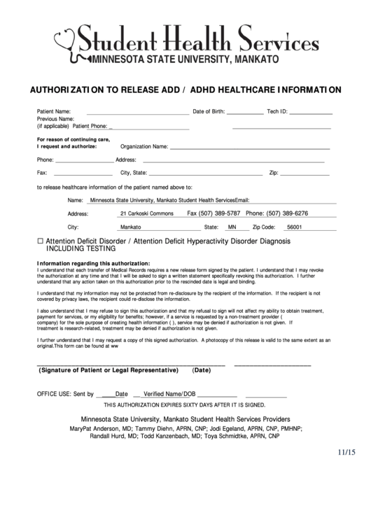 Authorization To Release Add / Adhd Healthcare Information Form - Minnesota Student Health Services