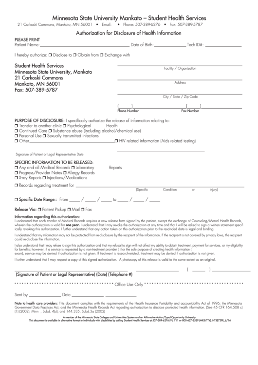 Authorization For Disclosure Of Health Information Form - Minnesota Student Health Services Printable pdf