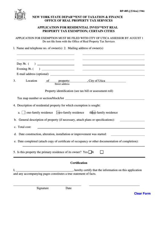 Fillable Form Rp-485-J - Application For Residential Investment Real Property Tax Exemption - Utica Printable pdf