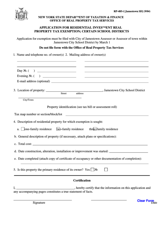 Fillable Form Rp-485-I - Application For Residential Investment Real Property Tax Exemption - Jamestown Sd Printable pdf