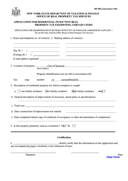 Fillable Form Rp-485-J - Application For Residential Investment Real Property Tax Exemption; Certain Cities - Syracuse Printable pdf