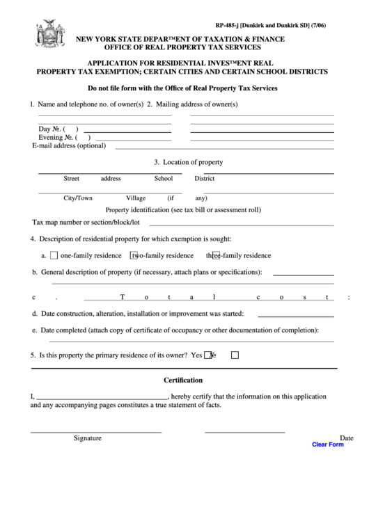 Fillable Form Rp-485-J - Application For Residential Investment Real Property Tax Exemption - Dunkirk And Dunkirk Sd Printable pdf