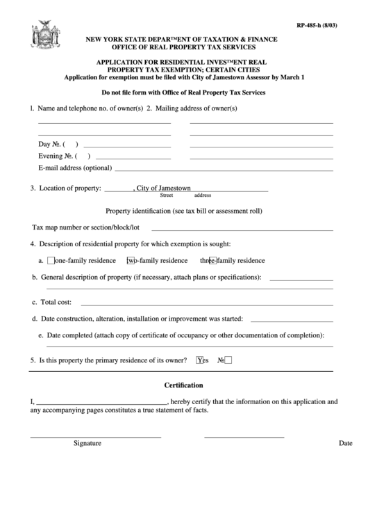 Fillable Form Rp-485-H - Application For Residential Investment Real Property Tax Exemption; Certain Cities Printable pdf