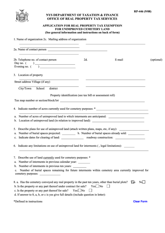 Fillable Form Rp-446 - Application For Real Property Tax Exemption For Unimproved Cemetery Land Printable pdf