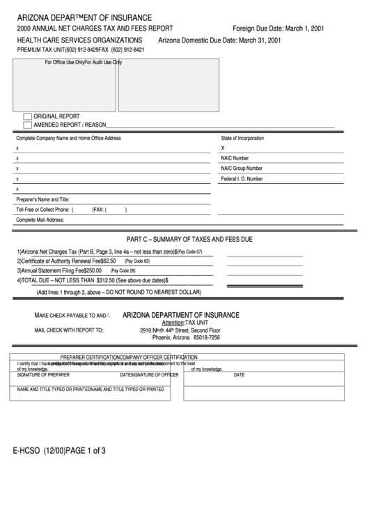 Form E-Hcso - Annual Net Charges Tax And Fees Report - 2000 Printable pdf