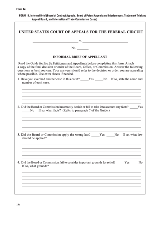 Fillable Form 14 - Informal Brief (Board Of Contract Appeals, Board Of Patent Appeals And Interferences, Trademark Trial And Appeal Board, And International Trade Commission Cases) Printable pdf