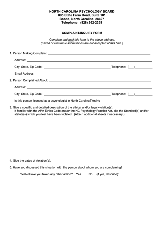 Fillable Complaint/inquiry Form - North Carolina Psychology Board Printable pdf