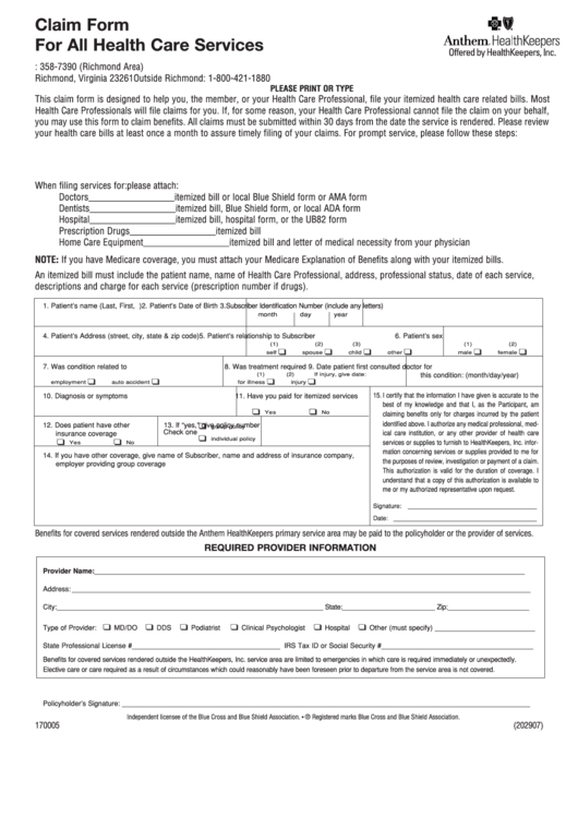 Claim Form For All Health Care Services Printable pdf