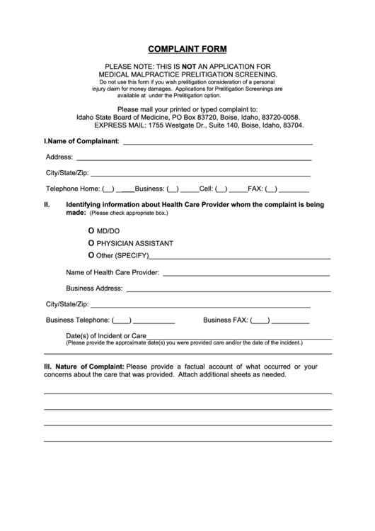Fillable Complaint Form Printable pdf