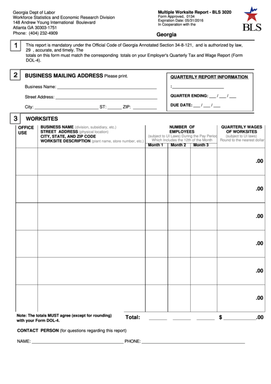 Fillable Form Bls 3020 - Multiple Worksite Report - Georgia Dept Of Labor Printable pdf