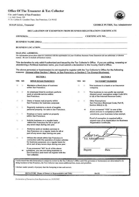 Declaration Of Exemption Form Business Registration Certificate - City And County Of San Francisco Treasurer & Tax Collector Printable pdf