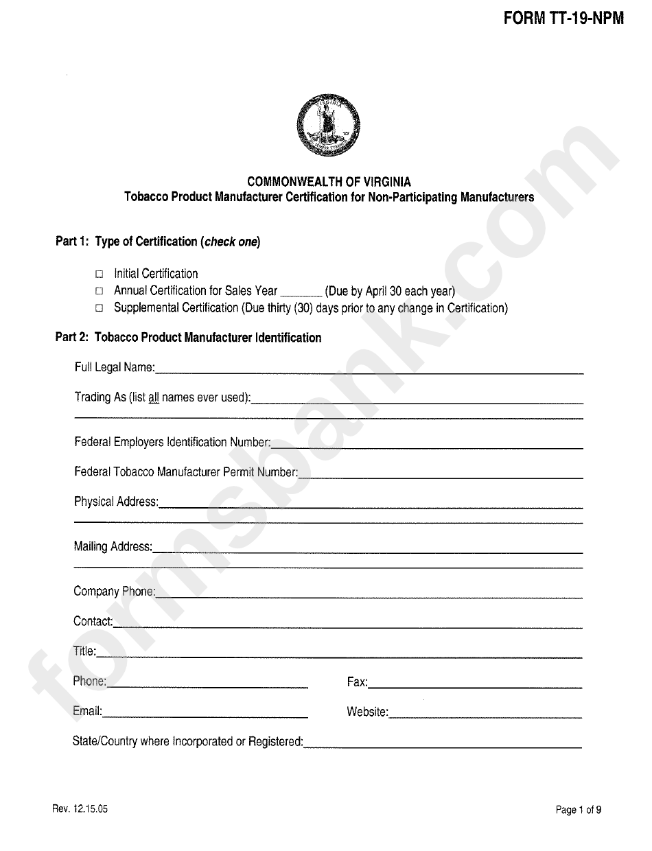 Form Tt-19-Npm - Tobacco Product Manufacturer Certification For Non-Participating Manufacturers - Commonwealth Of Virginia