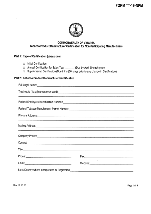 Form Tt-19-Npm - Tobacco Product Manufacturer Certification For Non-Participating Manufacturers - Commonwealth Of Virginia Printable pdf