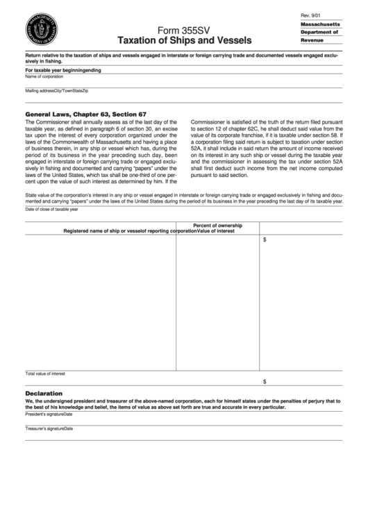 Form 355sv - Taxation Of Ships And Vessels - Massachusetts Department Of Revenue Printable pdf