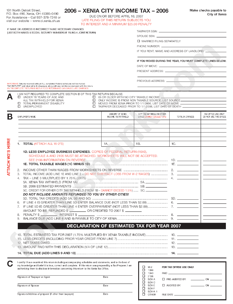 Form R Xenia City Tax 2006 printable pdf download