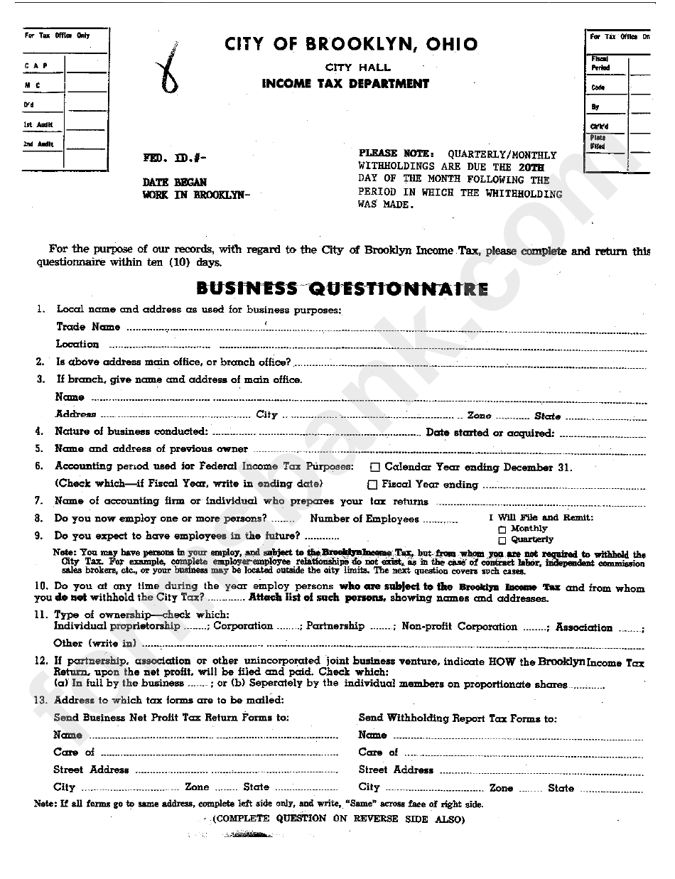 Business Questionnaire - City Of Brooklyn - Income Tax Department