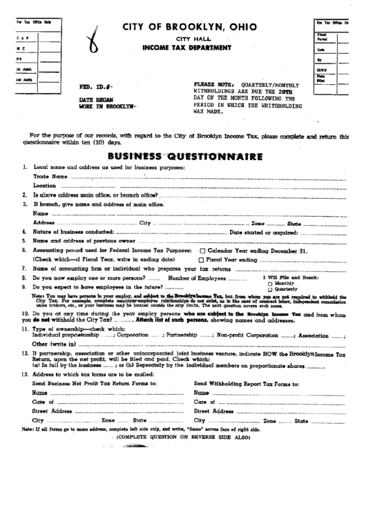 Business Questionnaire - City Of Brooklyn - Income Tax Department Printable pdf
