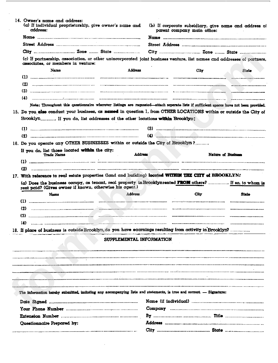 Business Questionnaire - City Of Brooklyn - Income Tax Department