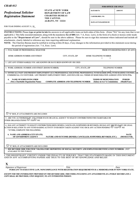Form Char 012 - Professional Solicitor - Registration Statement Form Printable pdf