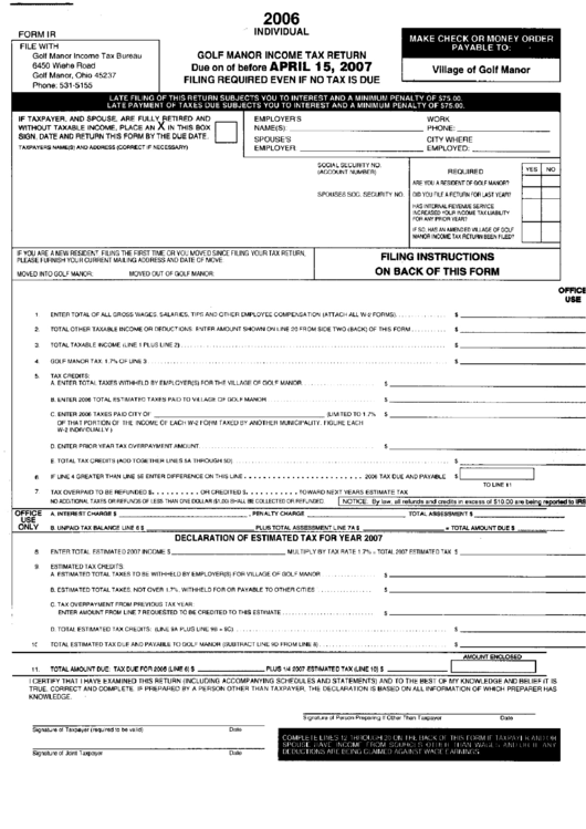 Form Ir - Golf Manor Income Tax Return - 2006 Printable pdf