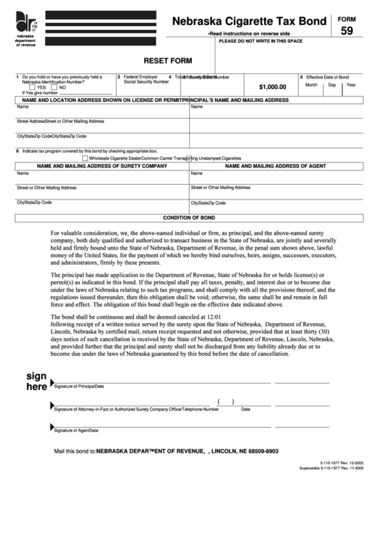 Fillable Form 59 - Nebraska Cigarette Tax Bond printable pdf download