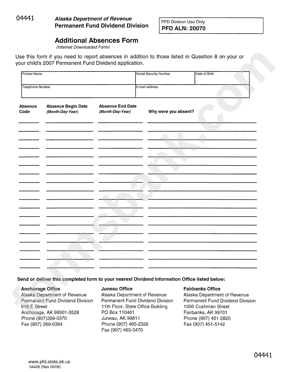 Additional Absences Form - Alaska Permanent Fund Dividend Division - 2006