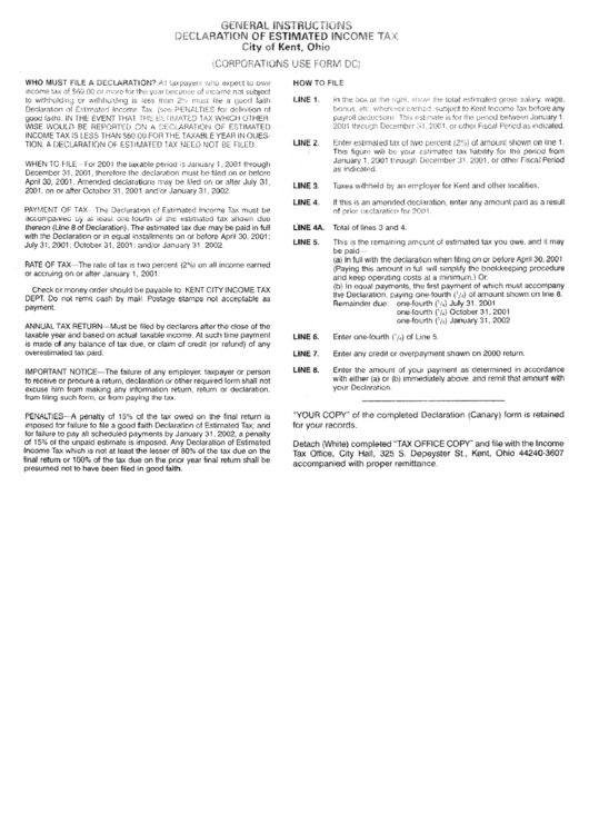 Instructions For Declaration Of Estimated Income Tax - City Of Kent Printable pdf