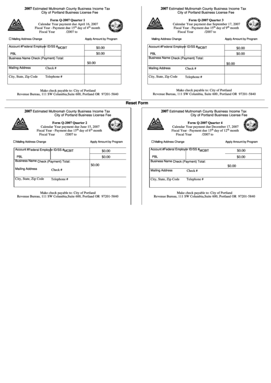 Fillable Form Q-2007 - Estimated Multnomah County Business Income Tax City Of Portland Business License Fee - 2007 Printable pdf